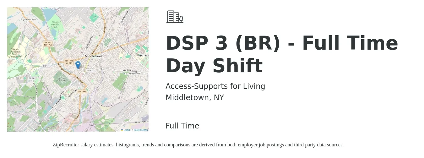Access-Supports for Living job posting for a DSP 3 (BR) - Full Time Day Shift in Middletown, NY with a salary of $18 Hourly with a map of Middletown location.