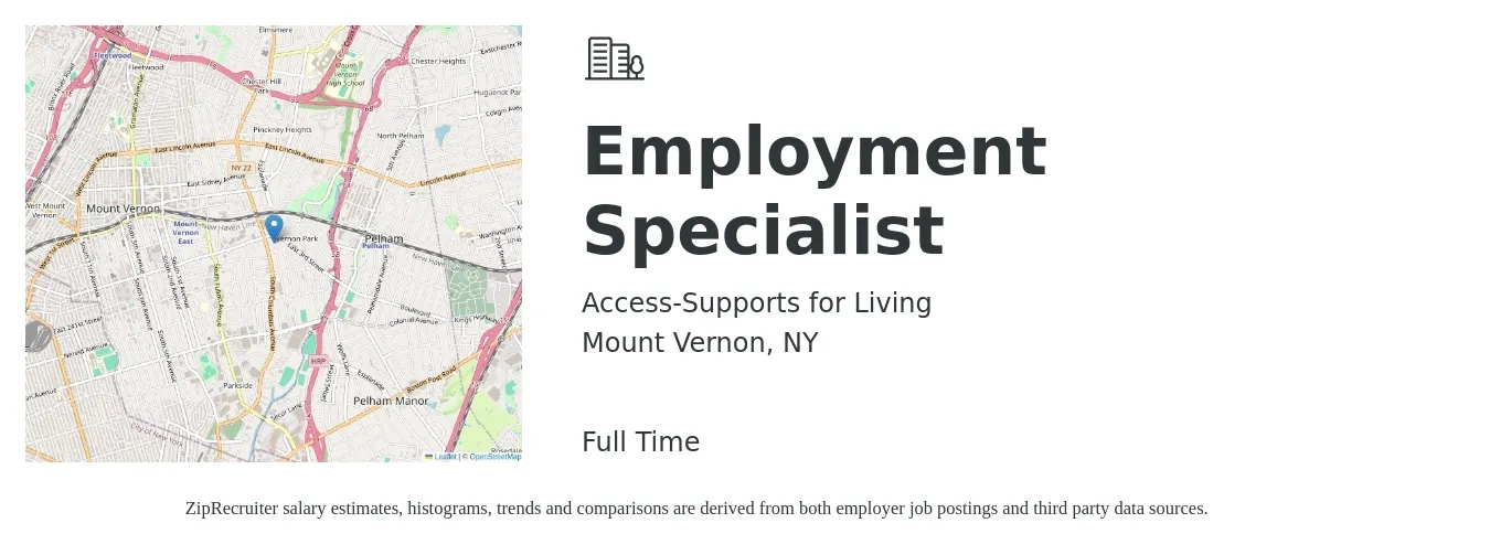 Access-Supports for Living job posting for a Employment Specialist in Mount Vernon, NY with a salary of $27 Hourly with a map of Mount Vernon location.