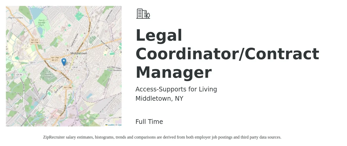 Access-Supports for Living job posting for a Legal Coordinator/Contract Manager in Middletown, NY with a salary of $85,000 Yearly with a map of Middletown location.