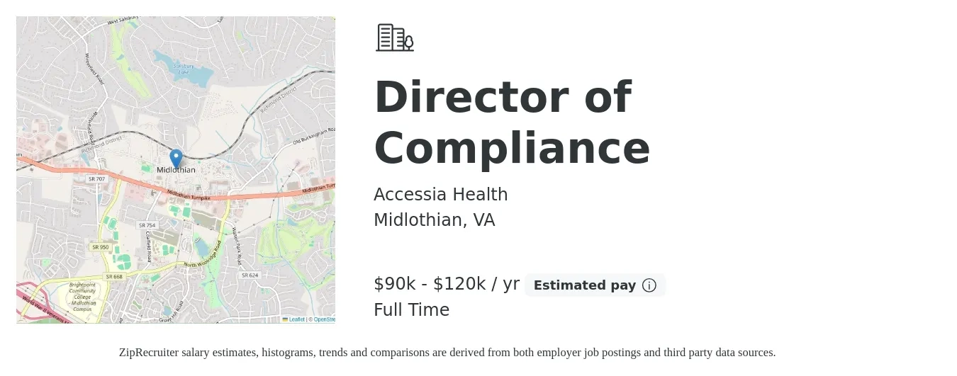 Accessia Health job posting for a Director of Compliance in Midlothian, VA with a salary of $90,000 to $120,000 Yearly with a map of Midlothian location.