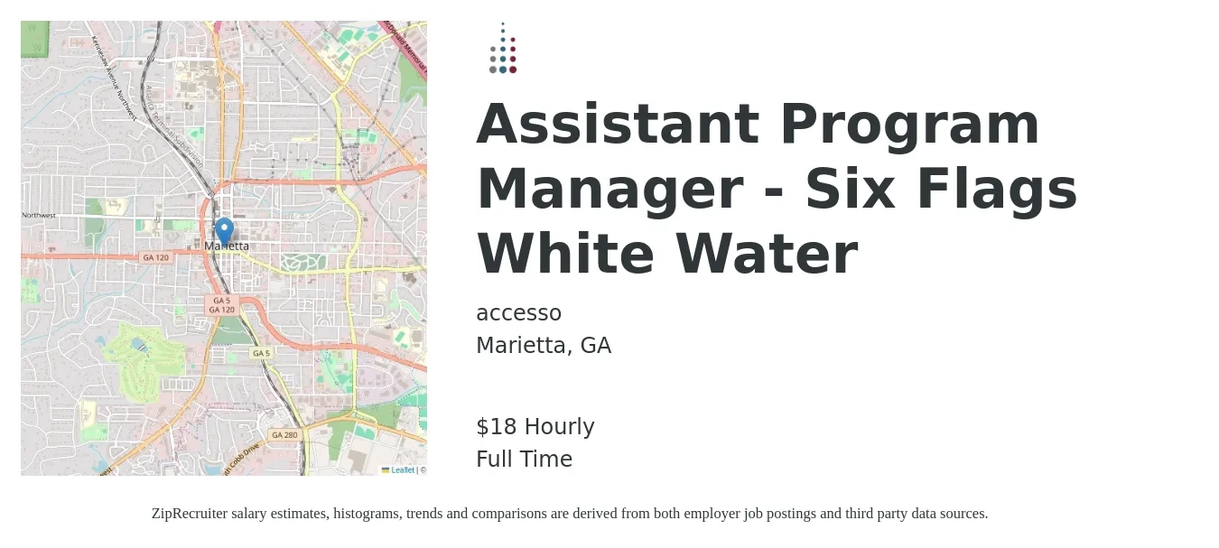 accesso job posting for a Assistant Program Manager - Six Flags White Water in Marietta, GA with a salary of $19 Hourly with a map of Marietta location.