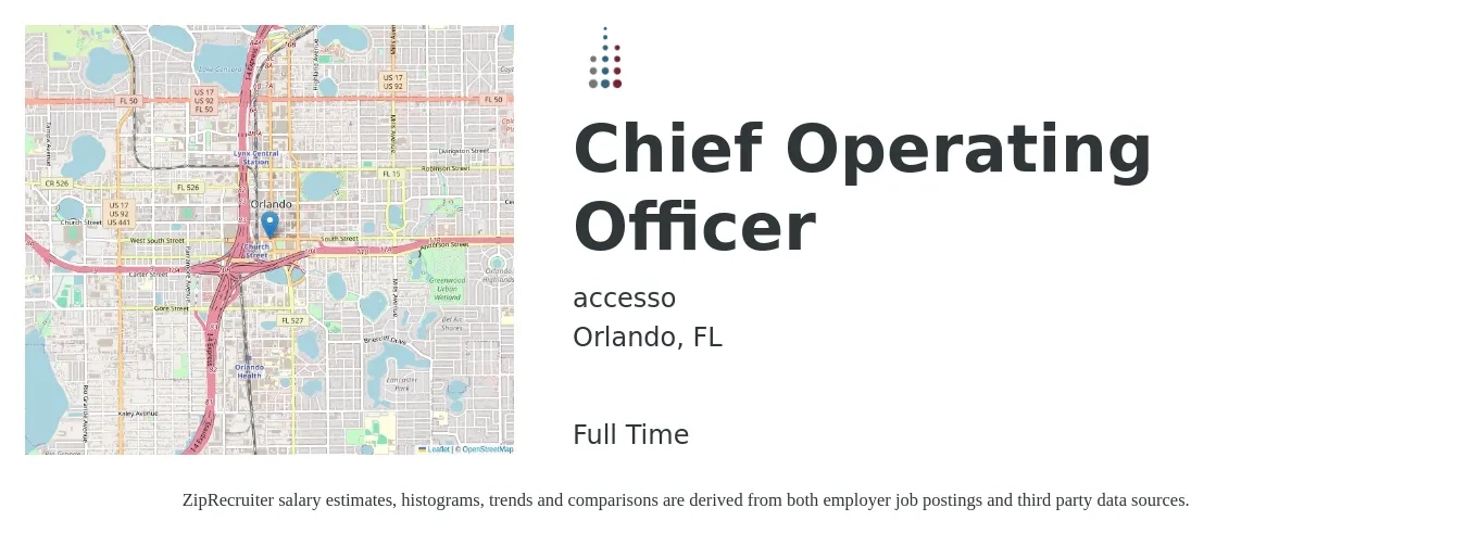 accesso job posting for a Chief Operating Officer in Orlando, FL with a salary of $104,100 to $172,700 Yearly with a map of Orlando location.