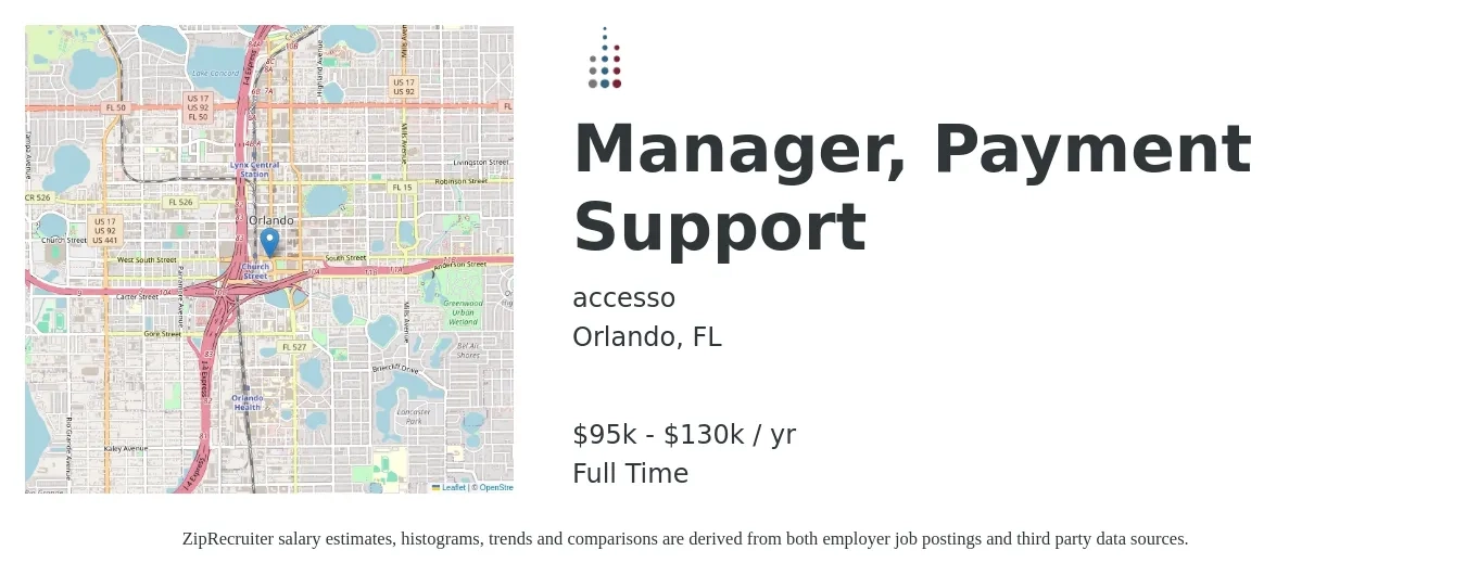 accesso job posting for a Manager, Payment Support in Orlando, FL with a salary of $95,000 to $130,000 Yearly with a map of Orlando location.