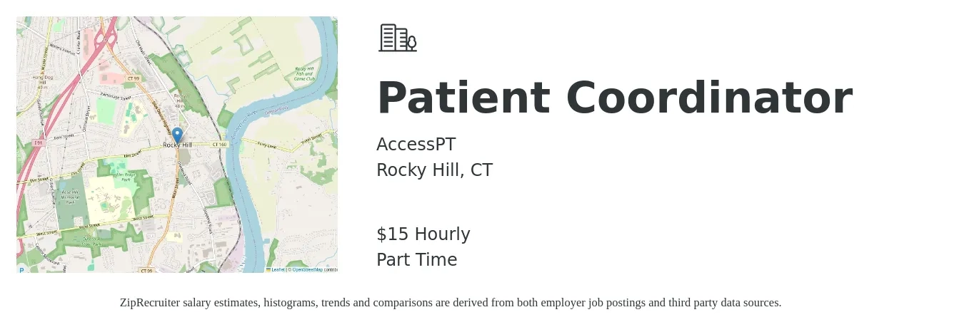ACCESS PT job posting for a Patient Coordinator in Rocky Hill, CT with a salary of $16 Hourly with a map of Rocky Hill location.