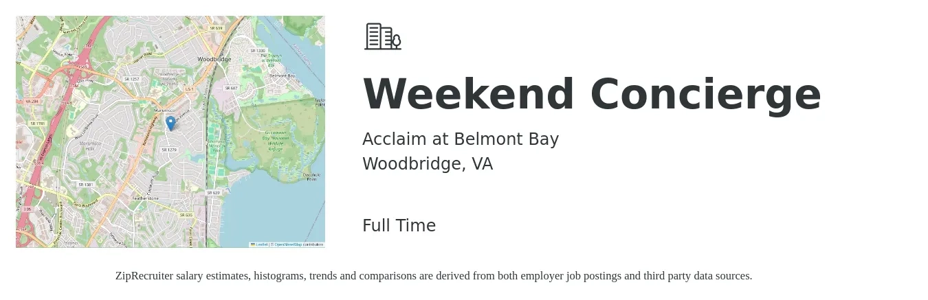Acclaim at Belmont Bay job posting for a Weekend Concierge in Woodbridge, VA with a salary of $15 Hourly with a map of Woodbridge location.