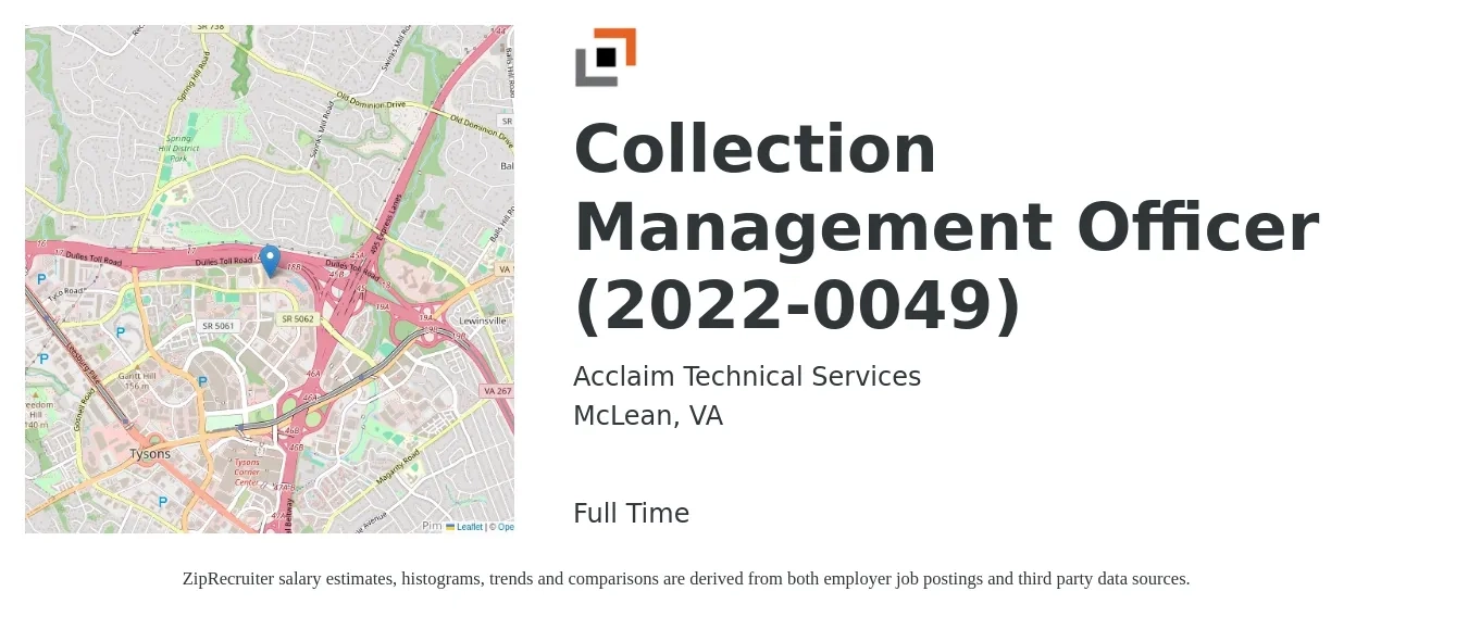 Acclaim Technical Services job posting for a Collection Management Officer (2022-0049) in McLean, VA with a salary of $18 to $31 Hourly with a map of McLean location.