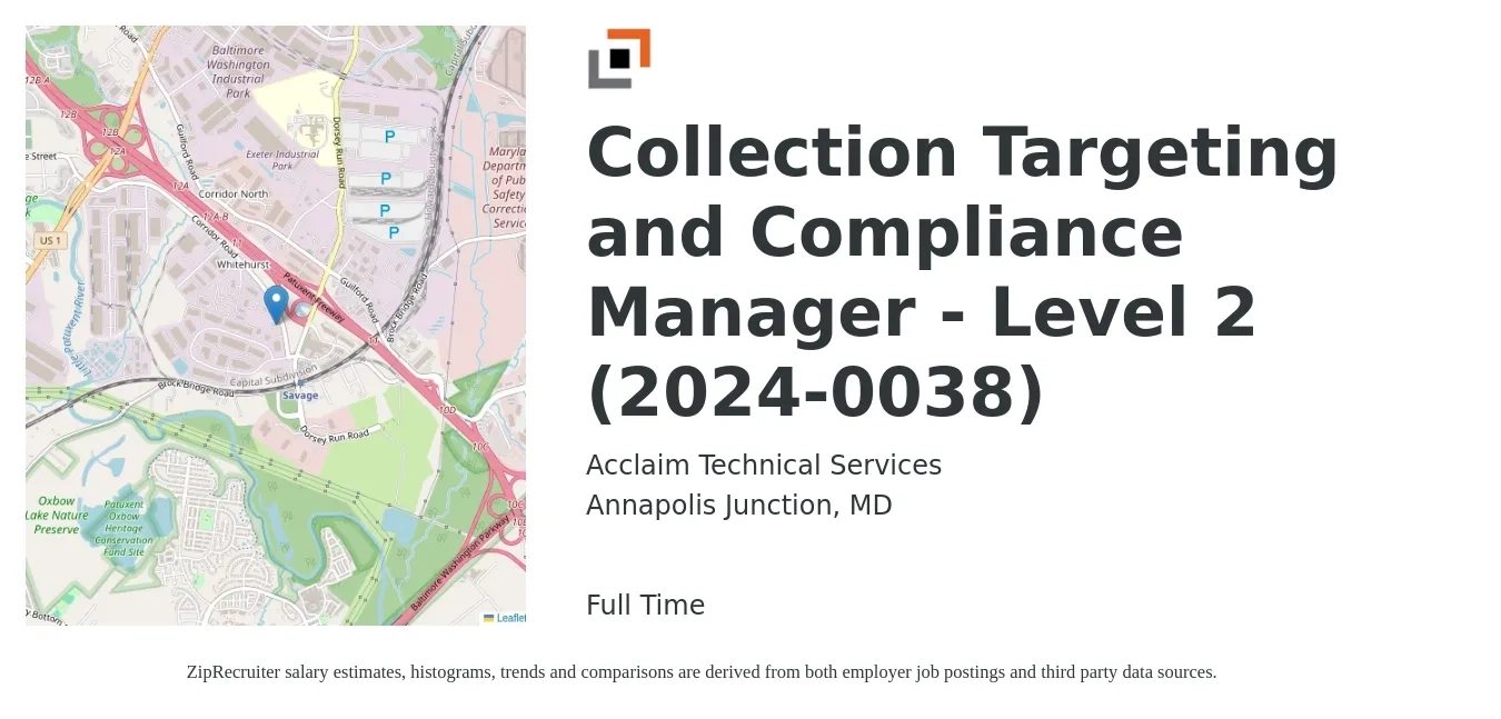 Acclaim Technical Services job posting for a Collection Targeting and Compliance Manager - Level 2 (2024-0038) in Annapolis Junction, MD with a salary of $71,500 to $119,000 Yearly with a map of Annapolis Junction location.