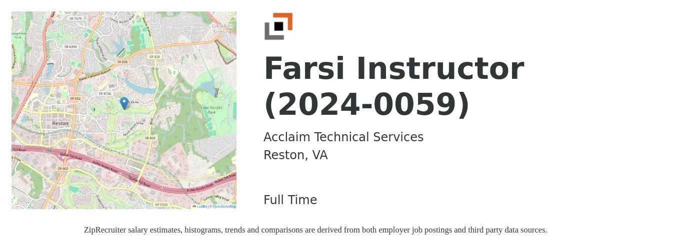 Acclaim Technical Services job posting for a Farsi Instructor (2024-0059) in Reston, VA with a salary of $19 to $47 Hourly with a map of Reston location.