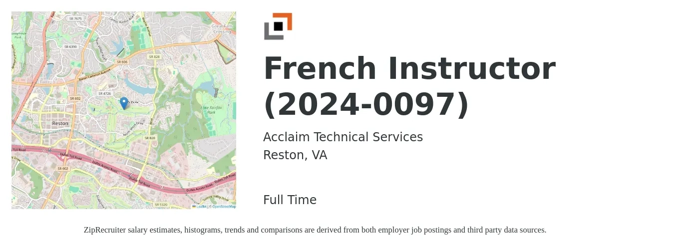 Acclaim Technical Services job posting for a French Instructor (2024-0097) in Reston, VA with a map of Reston location.