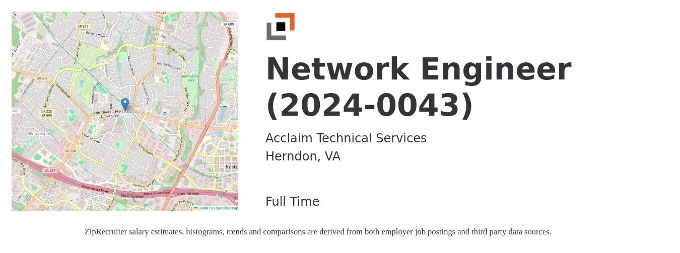 Acclaim Technical Services job posting for a Network Engineer (2024-0043) in Herndon, VA with a salary of $91,400 to $137,200 Yearly with a map of Herndon location.
