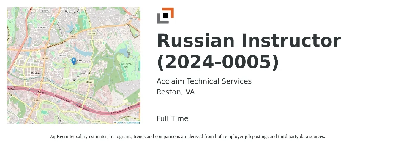 Acclaim Technical Services job posting for a Russian Instructor (2024-0005) in Reston, VA with a salary of $27 to $38 Hourly with a map of Reston location.