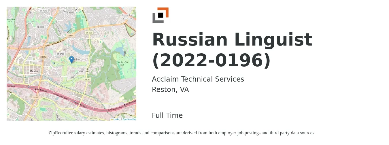 Acclaim Technical Services job posting for a Russian Linguist (2022-0196) in Reston, VA with a salary of $69,300 to $82,300 Yearly with a map of Reston location.
