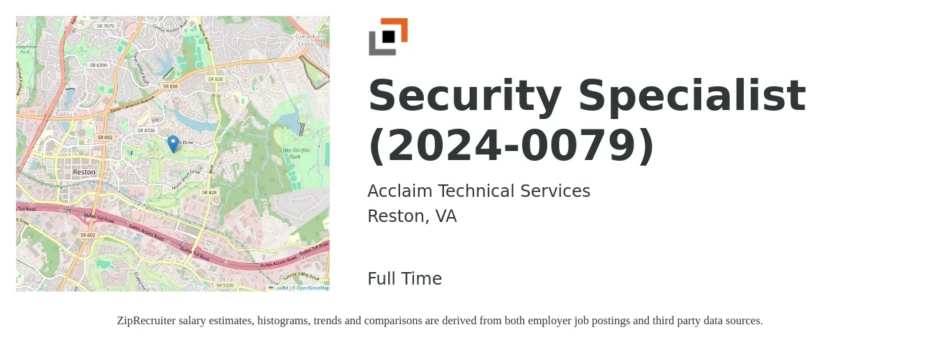 Acclaim Technical Services job posting for a Security Specialist (2024-0079) in Reston, VA with a salary of $55,200 to $103,700 Yearly with a map of Reston location.