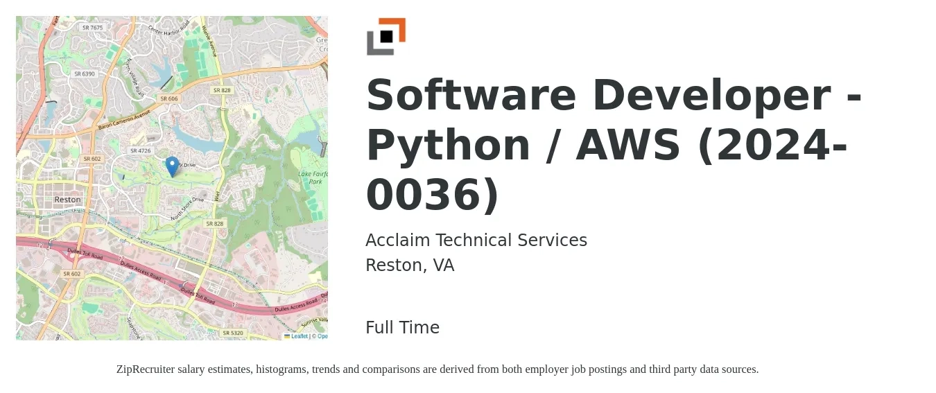 Acclaim Technical Services job posting for a Software Developer - Python / AWS (2024-0036) in Reston, VA with a salary of $52 to $72 Hourly with a map of Reston location.