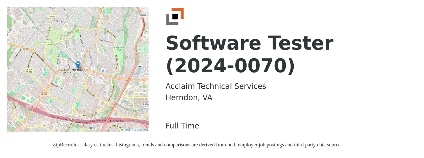 Acclaim Technical Services job posting for a Software Tester (2024-0070) in Herndon, VA with a salary of $36 to $56 Hourly with a map of Herndon location.