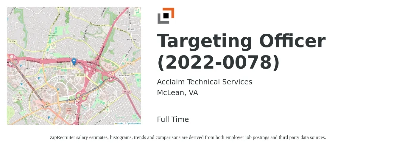 Acclaim Technical Services job posting for a Targeting Officer (2022-0078) in McLean, VA with a map of McLean location.