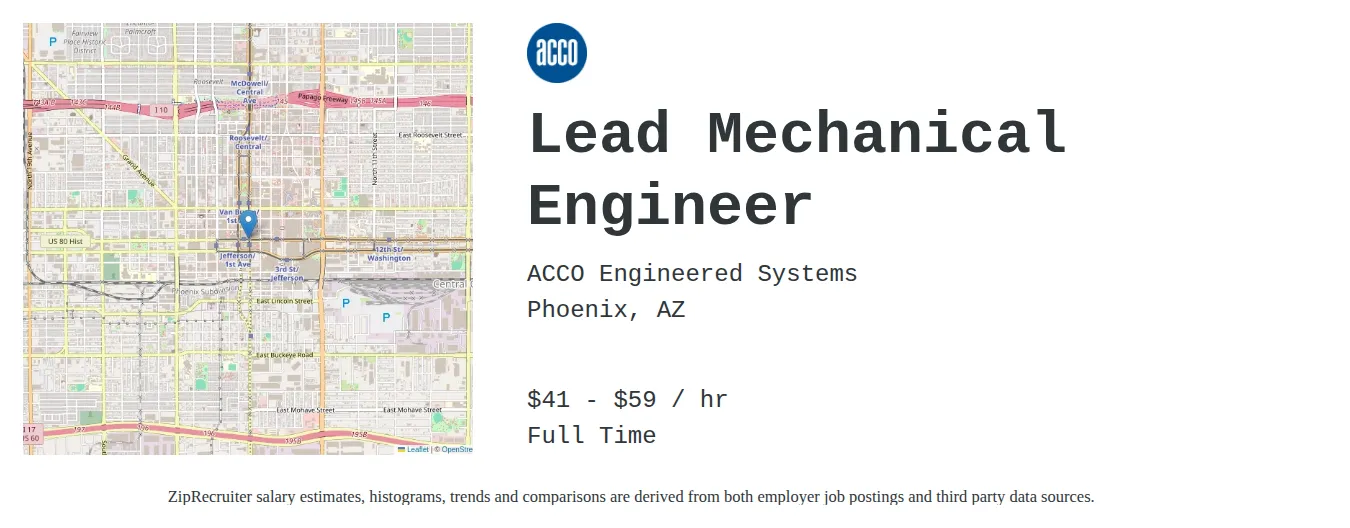 ACCO Engineered Systems job posting for a Lead Mechanical Engineer in Phoenix, AZ with a salary of $43 to $62 Hourly with a map of Phoenix location.