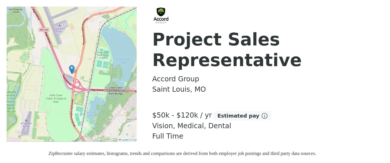 Accord Group job posting for a Project Sales Representative in Saint Louis, MO with a salary of $50,000 to $120,000 Yearly and benefits including retirement, vision, dental, life_insurance, and medical with a map of Saint Louis location.