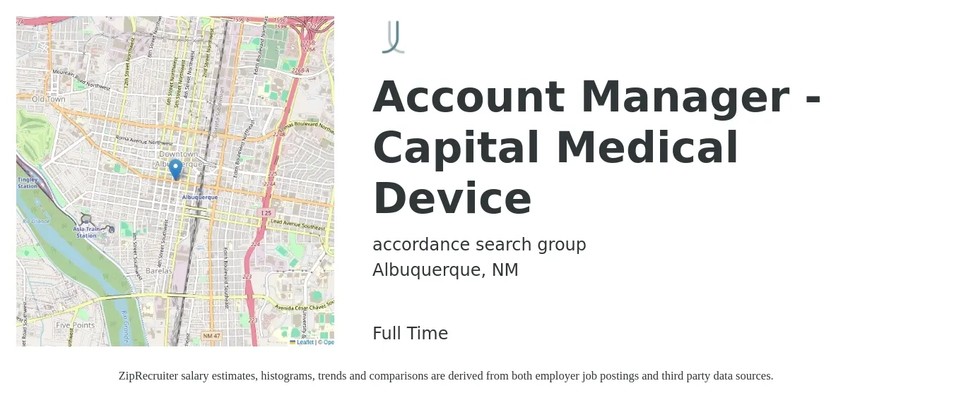 accordance search group job posting for a Account Manager - Capital Medical Device in Albuquerque, NM with a salary of $400,000 Yearly with a map of Albuquerque location.