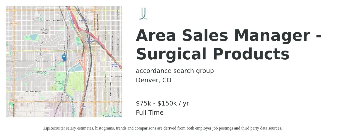 accordance search group job posting for a Area Sales Manager - Surgical Products in Denver, CO with a salary of $75,000 to $150,000 Yearly with a map of Denver location.