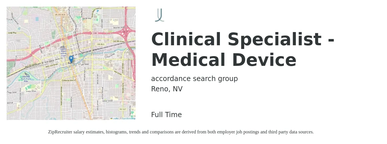 accordance search group job posting for a Clinical Specialist - Medical Device in Reno, NV with a salary of $44,900 to $82,800 Yearly with a map of Reno location.