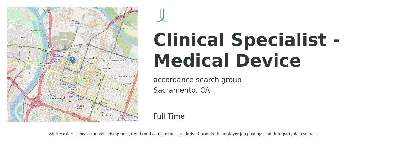 accordance search group job posting for a Clinical Specialist - Medical Device in Sacramento, CA with a salary of $48,000 to $88,500 Yearly with a map of Sacramento location.