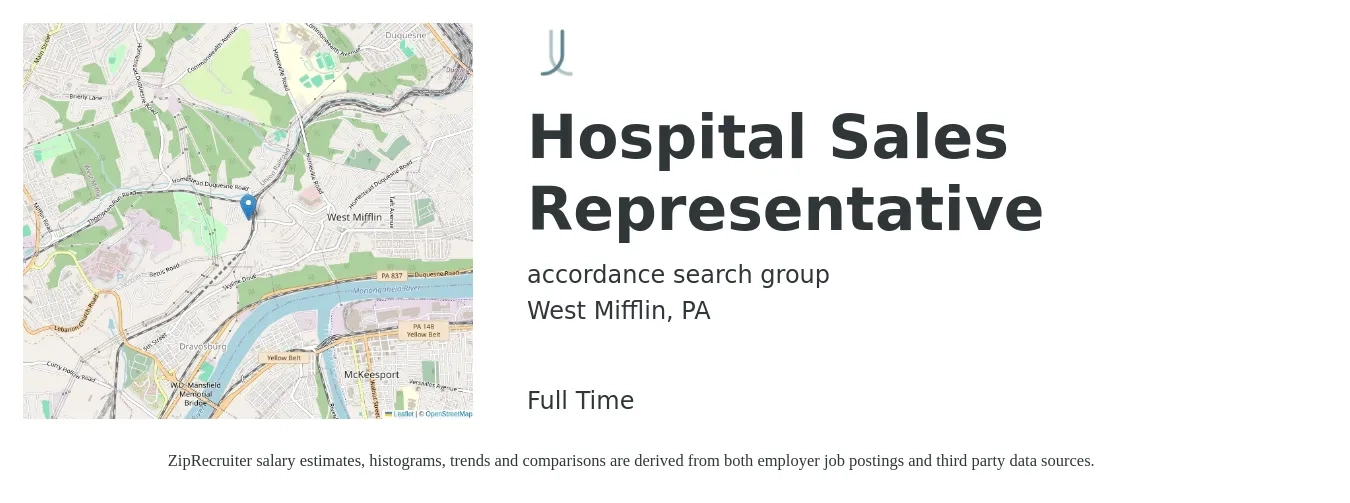 accordance search group job posting for a Hospital Sales Representative in West Mifflin, PA with a salary of $240,000 Yearly with a map of West Mifflin location.