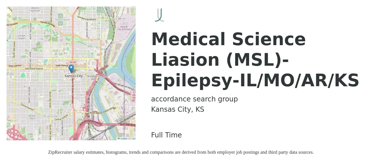 accordance search group job posting for a Medical Science Liasion (MSL)-Epilepsy-IL/MO/AR/KS in Kansas City, KS with a salary of $35 to $102 Hourly with a map of Kansas City location.