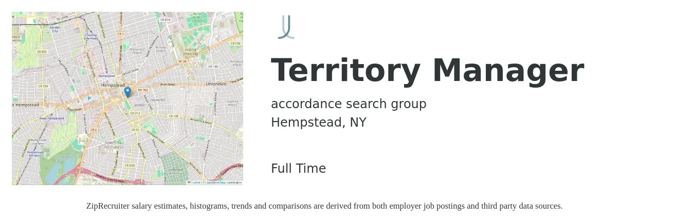 accordance search group job posting for a Territory Manager in Hempstead, NY with a salary of $191,000 Yearly with a map of Hempstead location.