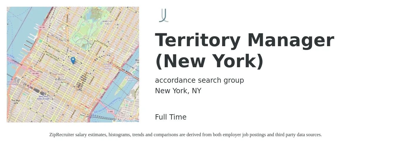 accordance search group job posting for a Territory Manager (New York) in New York, NY with a salary of $180,000 to $200,000 Yearly with a map of New York location.