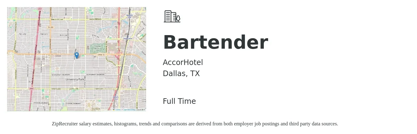 AccorHotel job posting for a Bartender in Dallas, TX with a salary of $10 to $18 Hourly with a map of Dallas location.