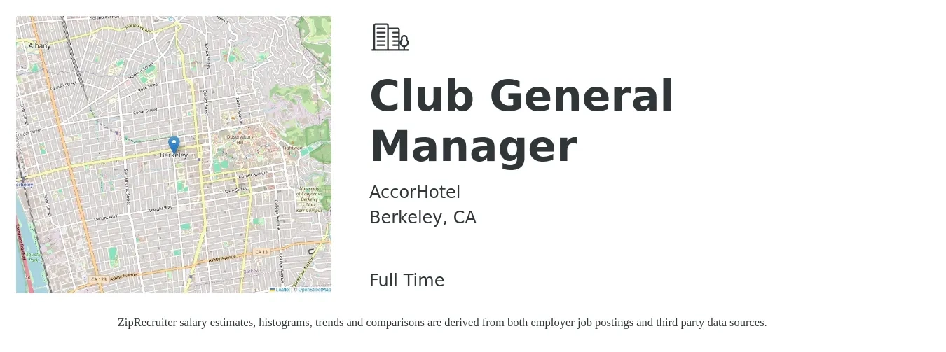 AccorHotel job posting for a Club General Manager in Berkeley, CA with a salary of $55,100 to $63,700 Yearly with a map of Berkeley location.