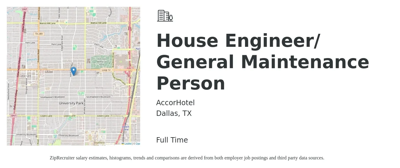 AccorHotel job posting for a House Engineer/ General Maintenance Person in Dallas, TX with a salary of $18 to $21 Hourly with a map of Dallas location.