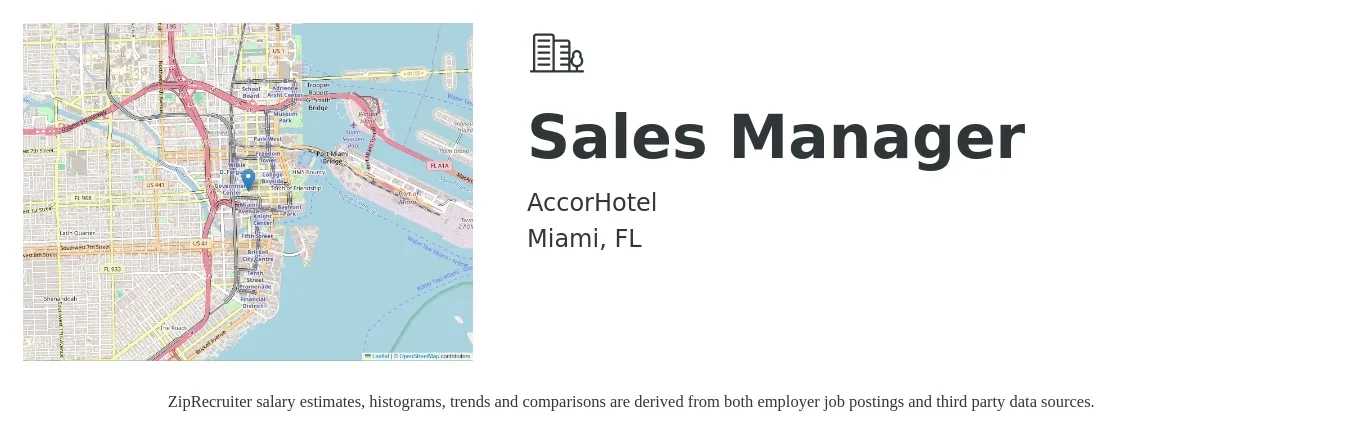 AccorHotel job posting for a Sales Manager in Miami, FL with a salary of $43,000 to $92,300 Yearly with a map of Miami location.