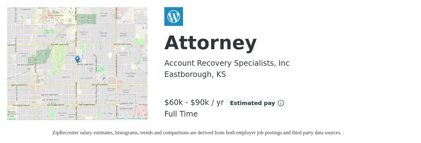 Account Recovery Specialists, Inc job posting for a Attorney in Eastborough, KS with a salary of $60,000 to $90,000 Yearly with a map of Eastborough location.