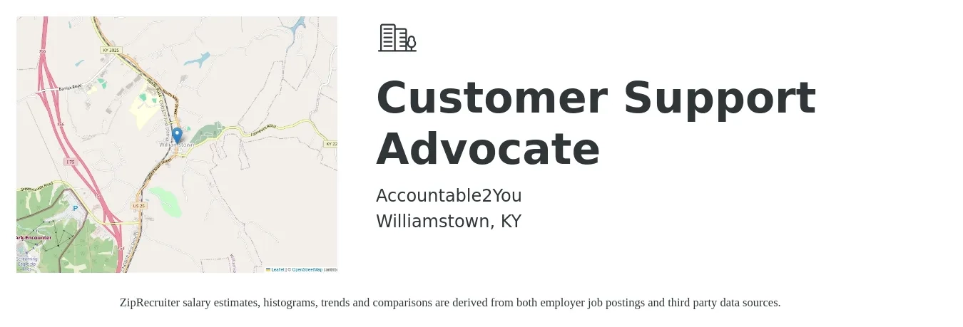 Accountable2You job posting for a Customer Support Advocate in Williamstown, KY with a salary of $37,000 to $45,000 Yearly with a map of Williamstown location.