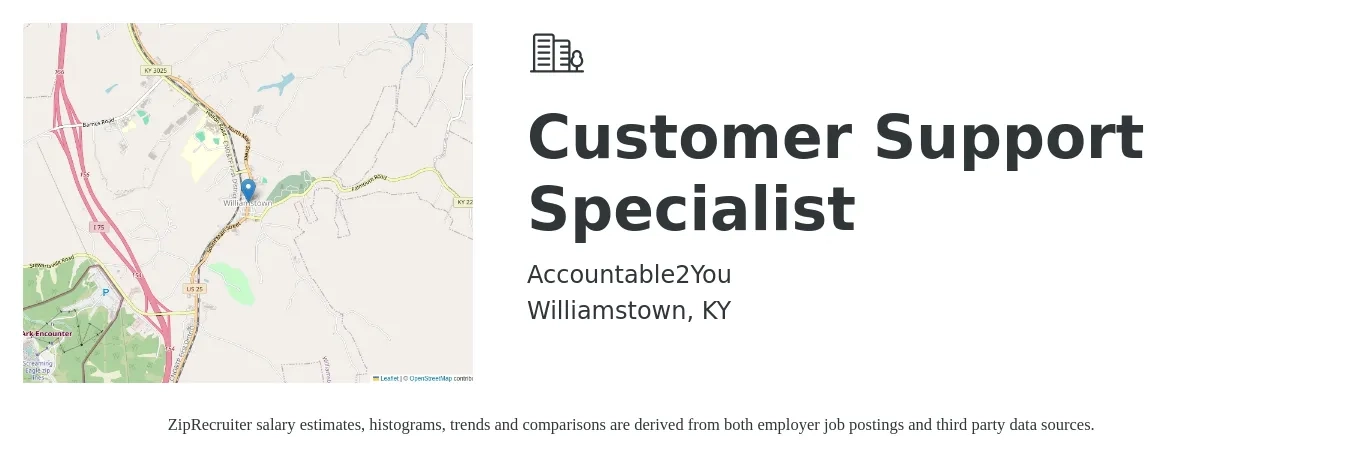 Accountable2You job posting for a Customer Support Specialist in Williamstown, KY with a salary of $45,000 to $55,000 Yearly with a map of Williamstown location.