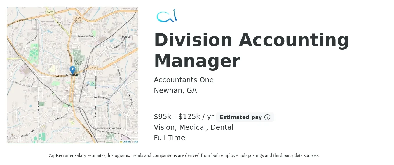 Accountants One job posting for a Division Accounting Manager in Newnan, GA with a salary of $95,000 to $125,000 Yearly and benefits including dental, life_insurance, medical, retirement, and vision with a map of Newnan location.
