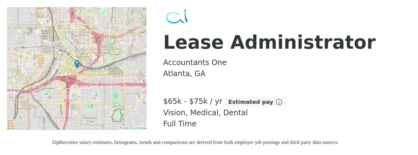 Accountants One job posting for a Lease Administrator in Atlanta, GA with a salary of $65,000 to $75,000 Yearly and benefits including medical, vision, and dental with a map of Atlanta location.