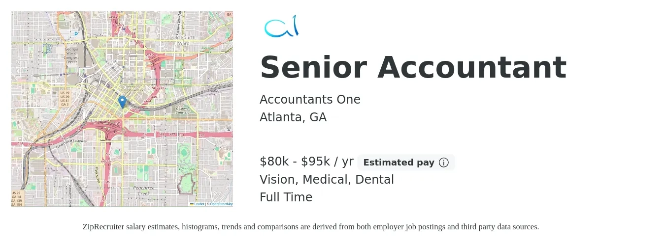 Accountants One job posting for a Senior Accountant in Atlanta, GA with a salary of $75,000 to $85,000 Yearly and benefits including vision, dental, and medical with a map of Atlanta location.