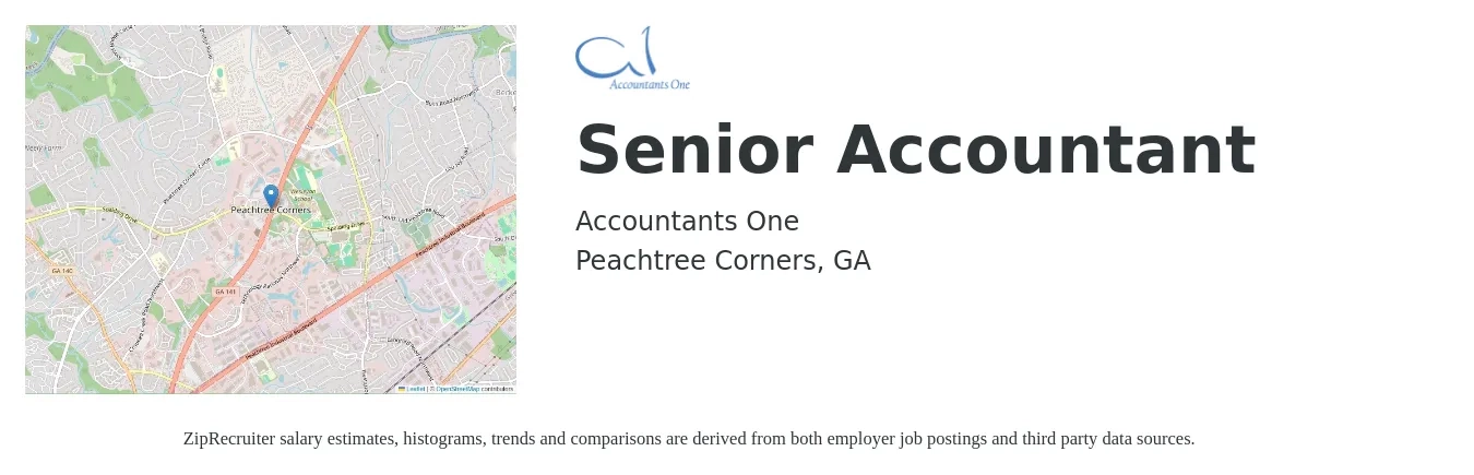 Accountants One job posting for a Senior Accountant in Peachtree Corners, GA with a salary of $85,000 to $90,000 Yearly and benefits including medical with a map of Peachtree Corners location.