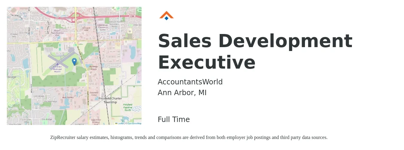 AccountantsWorld job posting for a Sales Development Executive in Ann Arbor, MI with a salary of $60,200 to $68,500 Yearly with a map of Ann Arbor location.