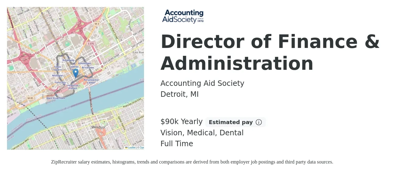 Accounting Aid Society job posting for a Director of Finance & Administration in Detroit, MI with a salary of $90,000 Yearly and benefits including dental, life_insurance, medical, pto, retirement, and vision with a map of Detroit location.