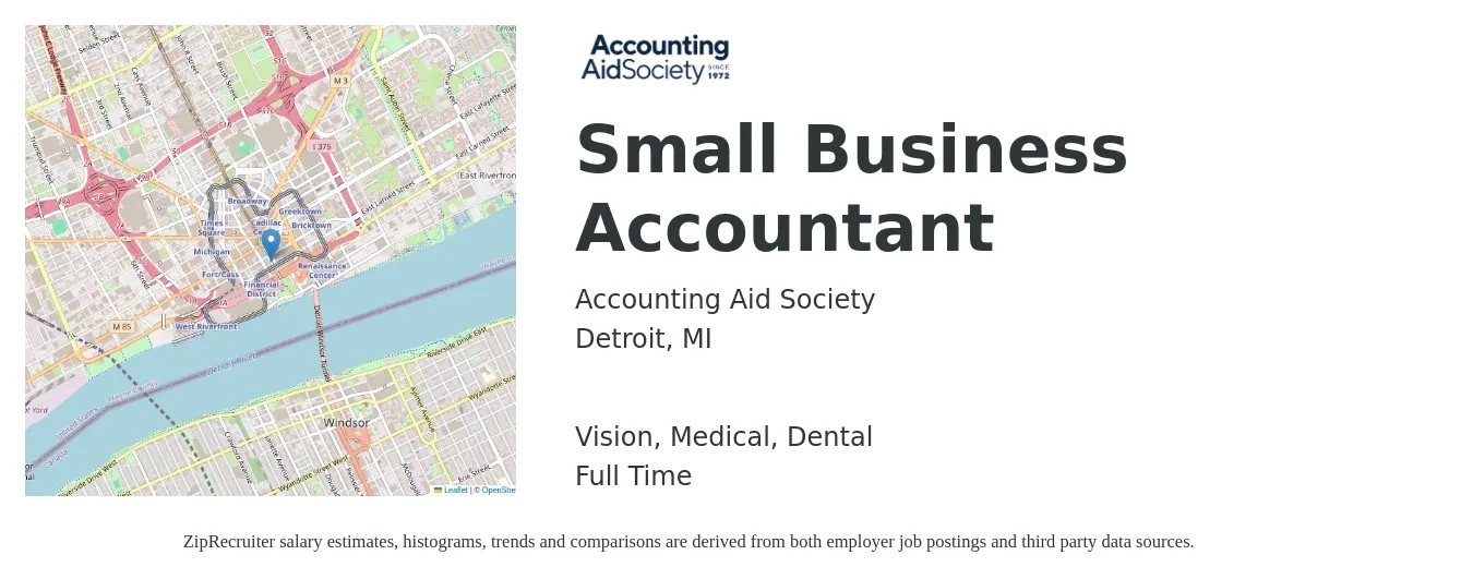 Accounting Aid Society job posting for a Small Business Accountant in Detroit, MI with a salary of $53,000 to $77,700 Yearly and benefits including dental, life_insurance, medical, pto, retirement, and vision with a map of Detroit location.