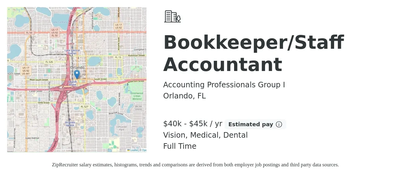 Accounting Professionals Group I job posting for a Bookkeeper/Staff Accountant in Orlando, FL with a salary of $40,000 to $45,000 Yearly and benefits including vision, dental, and medical with a map of Orlando location.