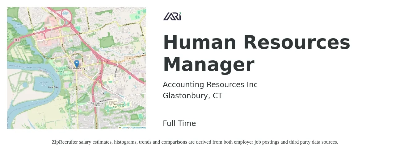 Accounting Resources Inc job posting for a Human Resources Manager in Glastonbury, CT with a salary of $110,000 to $130,000 Yearly with a map of Glastonbury location.