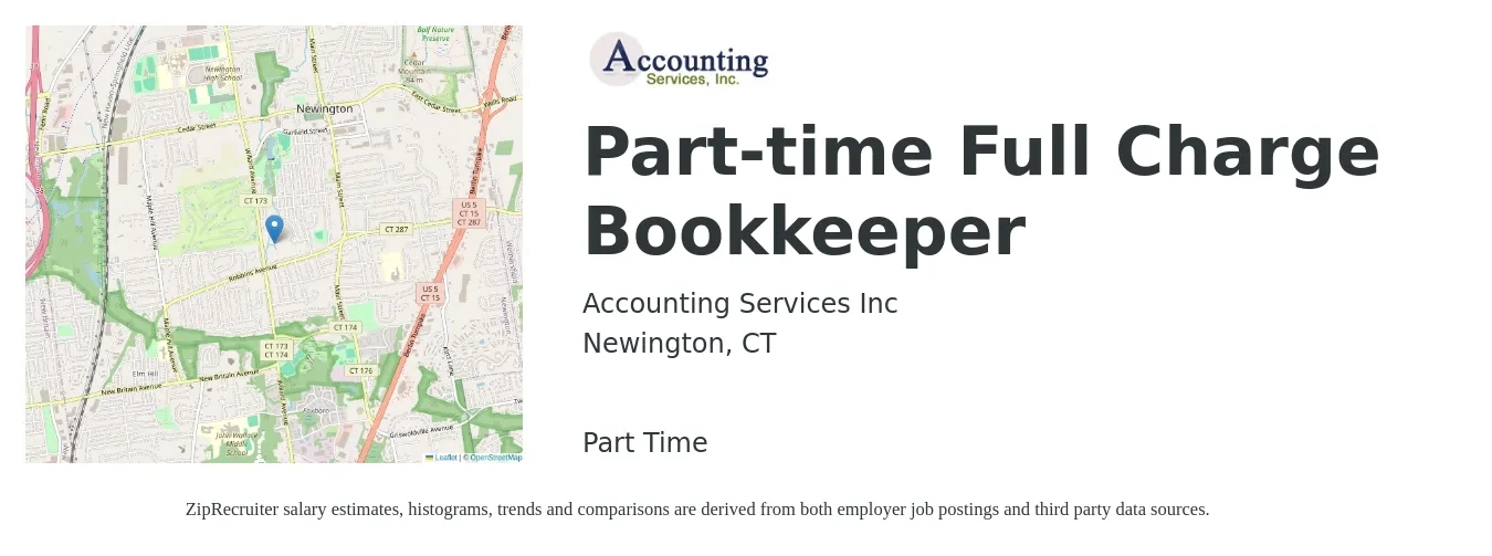 Accounting Services Inc job posting for a Part-time Full Charge Bookkeeper in Newington, CT with a salary of $49,800 to $66,700 Yearly with a map of Newington location.