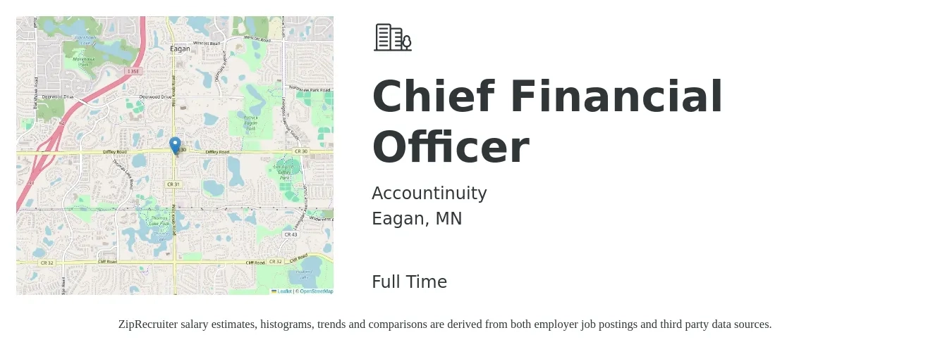 Accountinuity job posting for a Chief Financial Officer in Eagan, MN with a salary of $143,800 to $407,900 Yearly with a map of Eagan location.