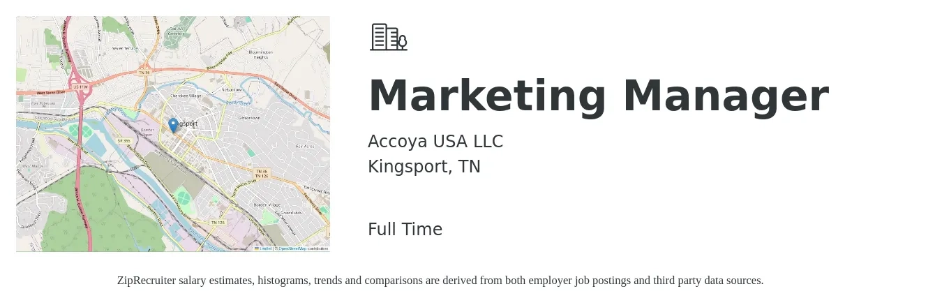 Accoya USA LLC job posting for a Marketing Manager in Kingsport, TN with a salary of $57,100 to $93,300 Yearly with a map of Kingsport location.