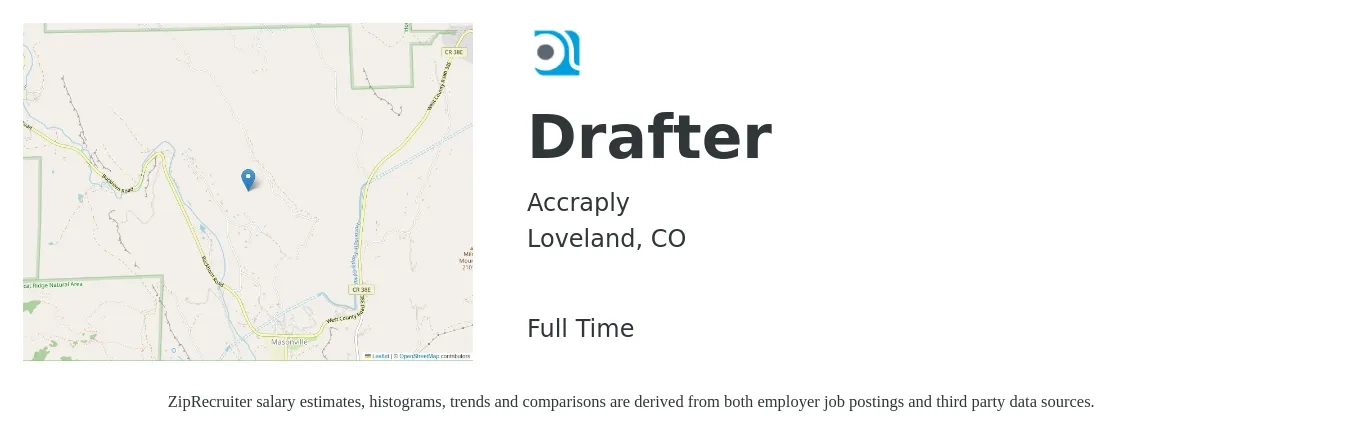 Accraply job posting for a Drafter in Loveland, CO with a salary of $26 to $34 Hourly with a map of Loveland location.